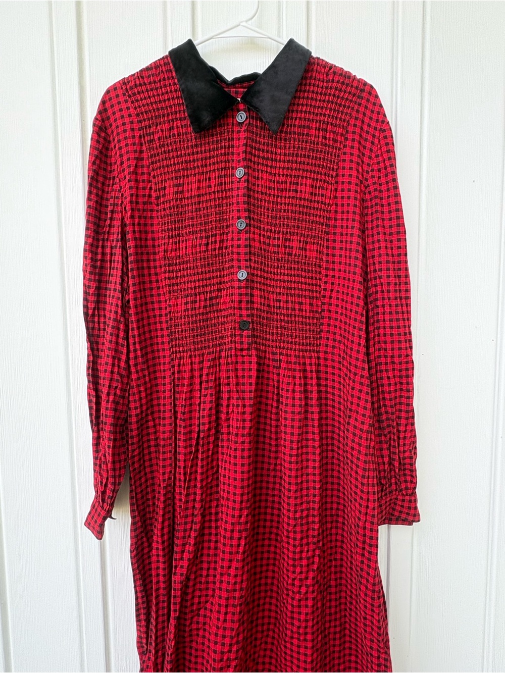 Red and Black Buffalo Plaid Long Dress with Black Collar. Vintage Kathie Lee. - Picture 6 of 11